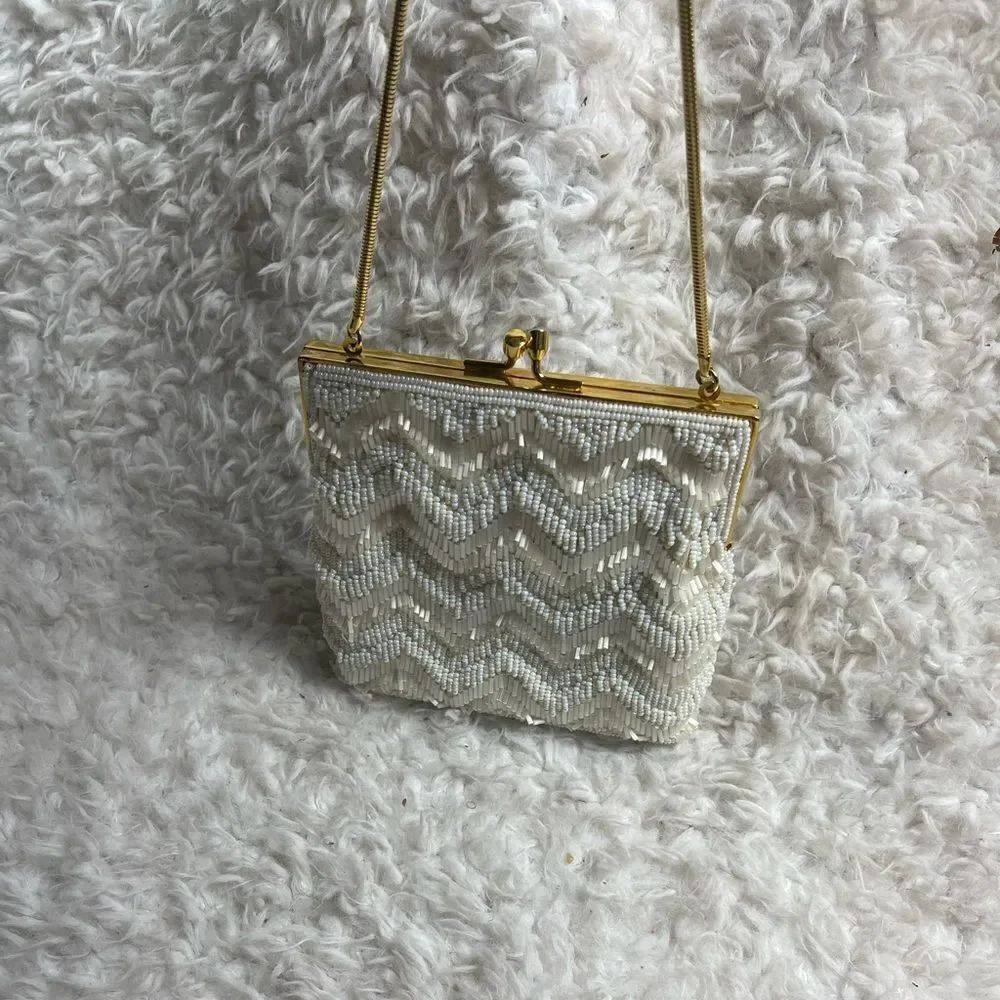 La Regale Handmade Beaded off white Handbag Clutch gold tone frame and strap.